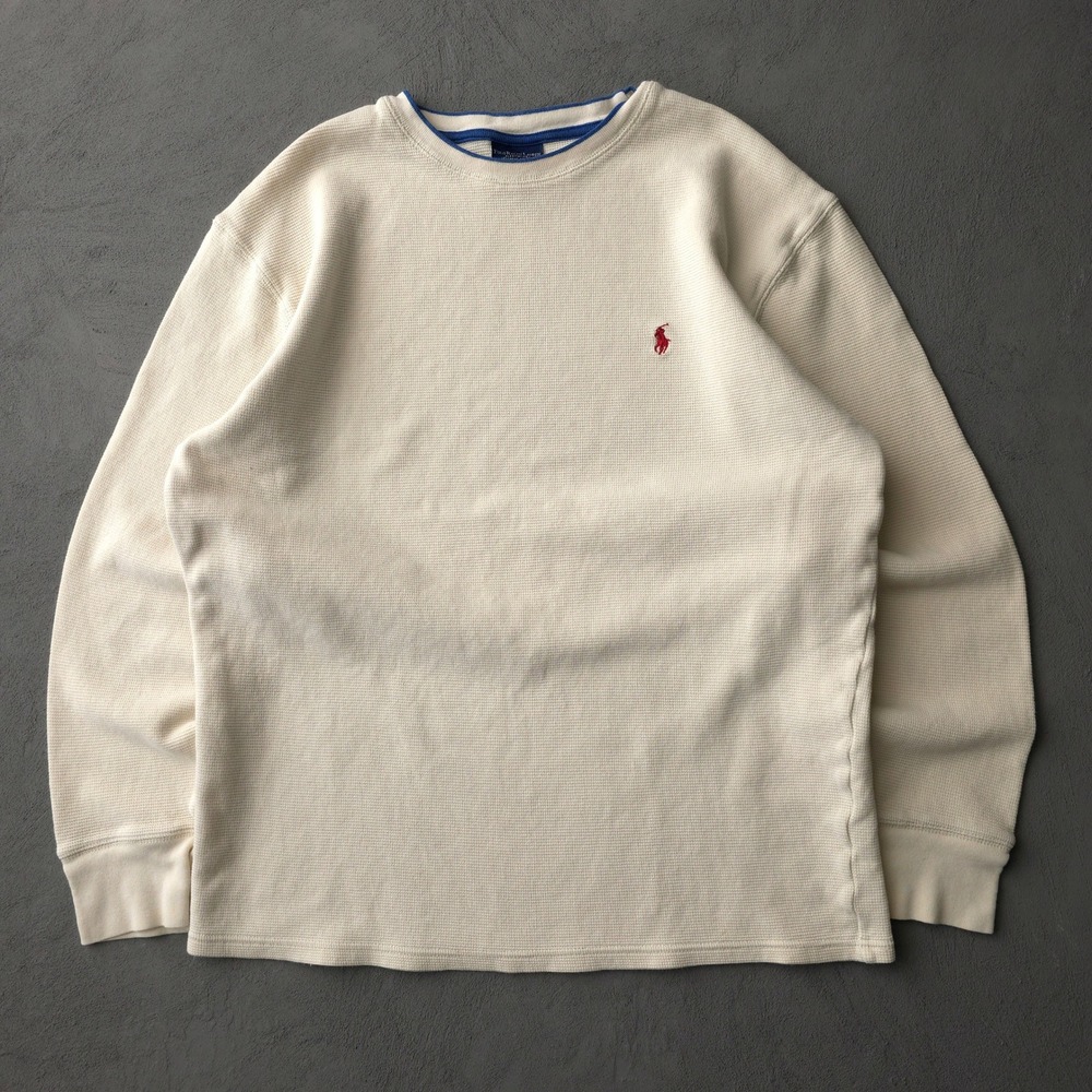 Vintage 2000s Polo Ralph Lauren Cream Thermal Long Sleeve Large Red Pony